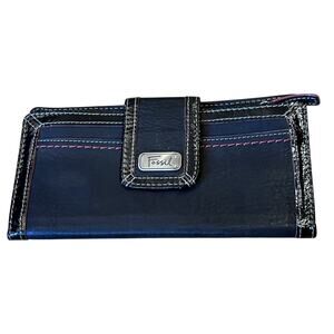 Fossil Wallet Black & Red Leather Bifold Snap Flap Checkbook Slot Credit Cards